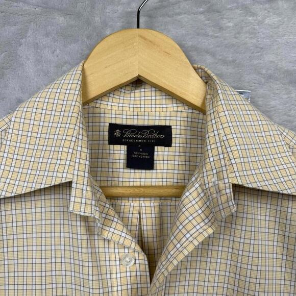 Brooks Brothers Non-Iron Dress Shirt Men’s S Yellow Check 100% Cotton Classic FT - Picture 3 of 9